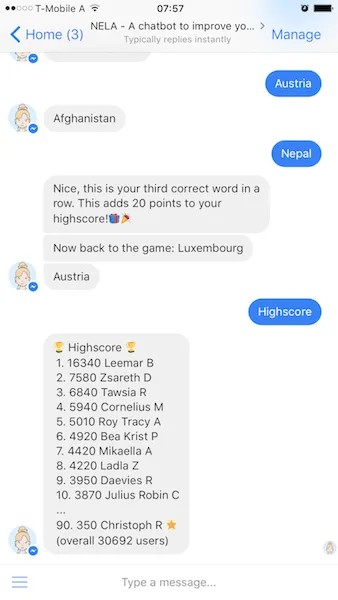 Screenshot of a native Messenger conversation (chatbots)