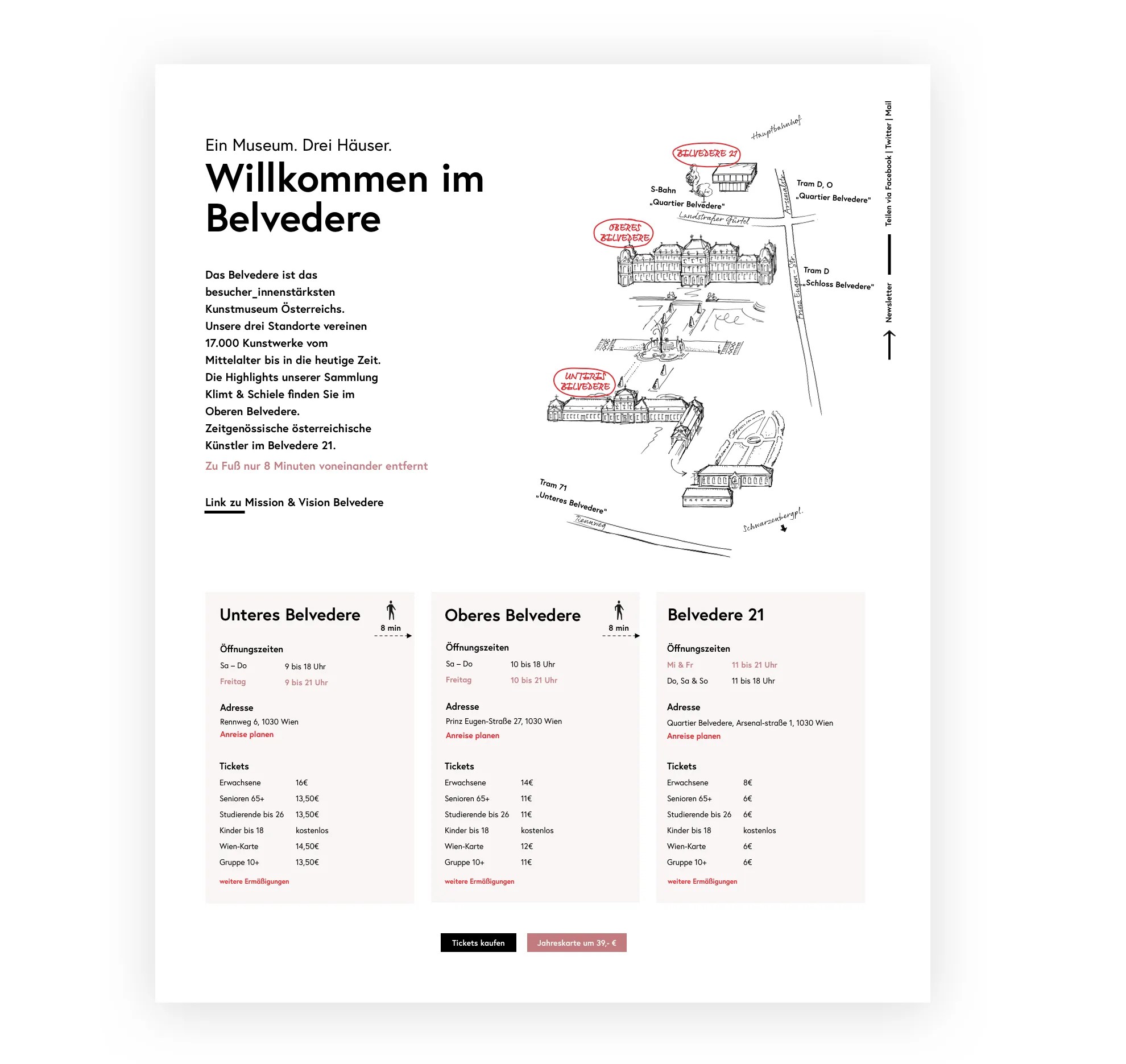 Ein Screenshot der Website mit Einleitungstext und Illustration der drei Häuser. Darunter sind drei Blöcke mit Öffnungszeiten, Adressen und Eintrittspreisen der einzelnen Häuser zu sehen.