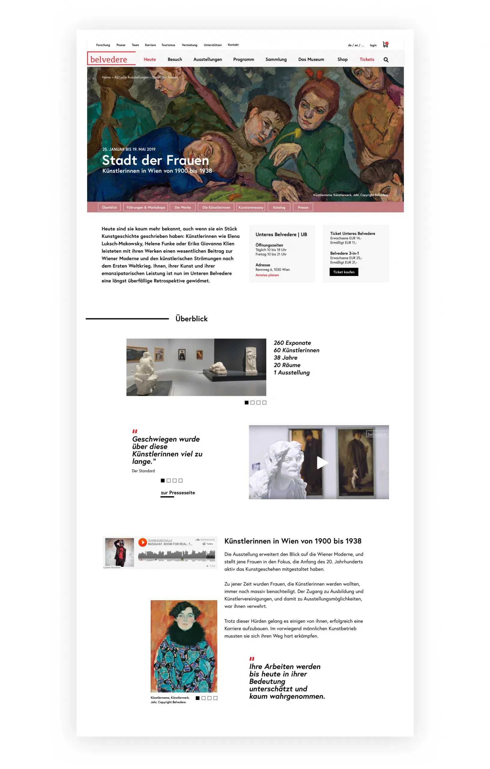 Screenshot einer Ausstellungsseite am Beispiel "Stadt der Frauen" mit Informationen zu den darin enthaltenen Ausstellungsstücken und KünstlerInnen.