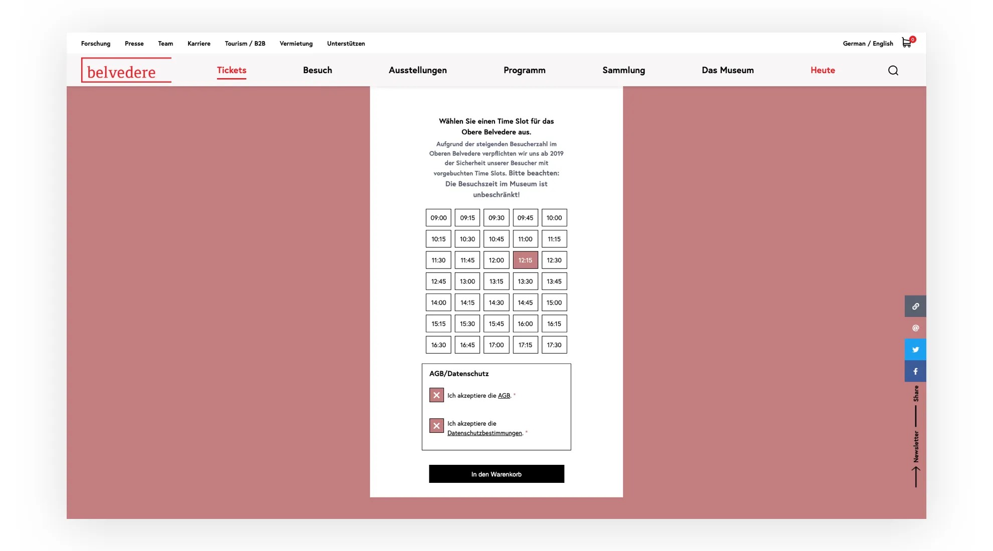 Screenshot des Ticketshops mit Auswahl eines Time-Slots.