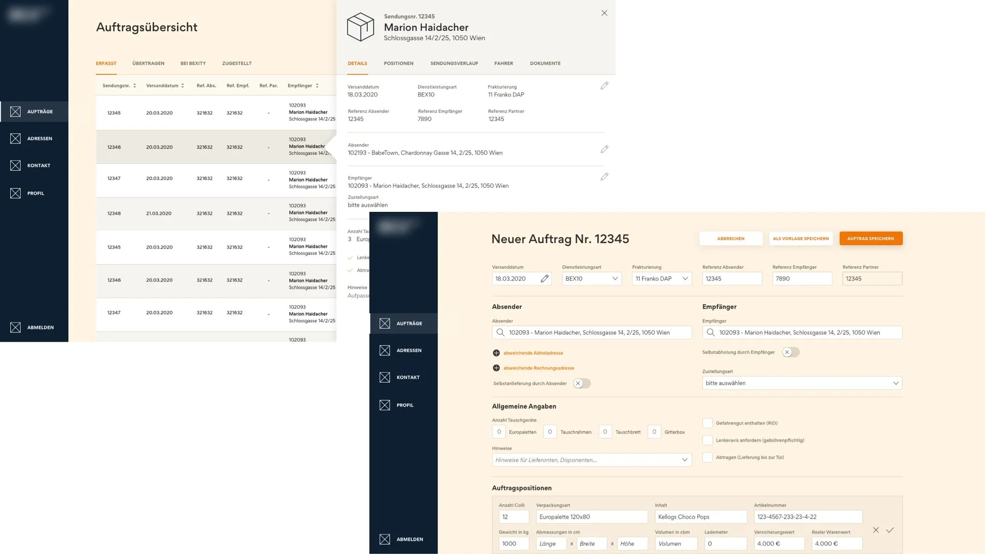 Interface für eine Logistik-Software