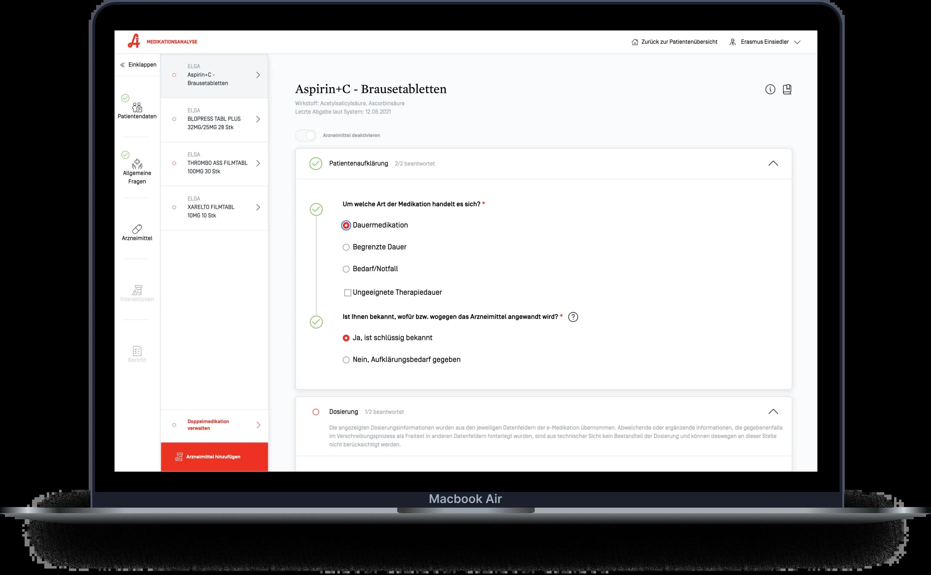 Ansicht des Screens, wie man ein Medikament hinzufügt