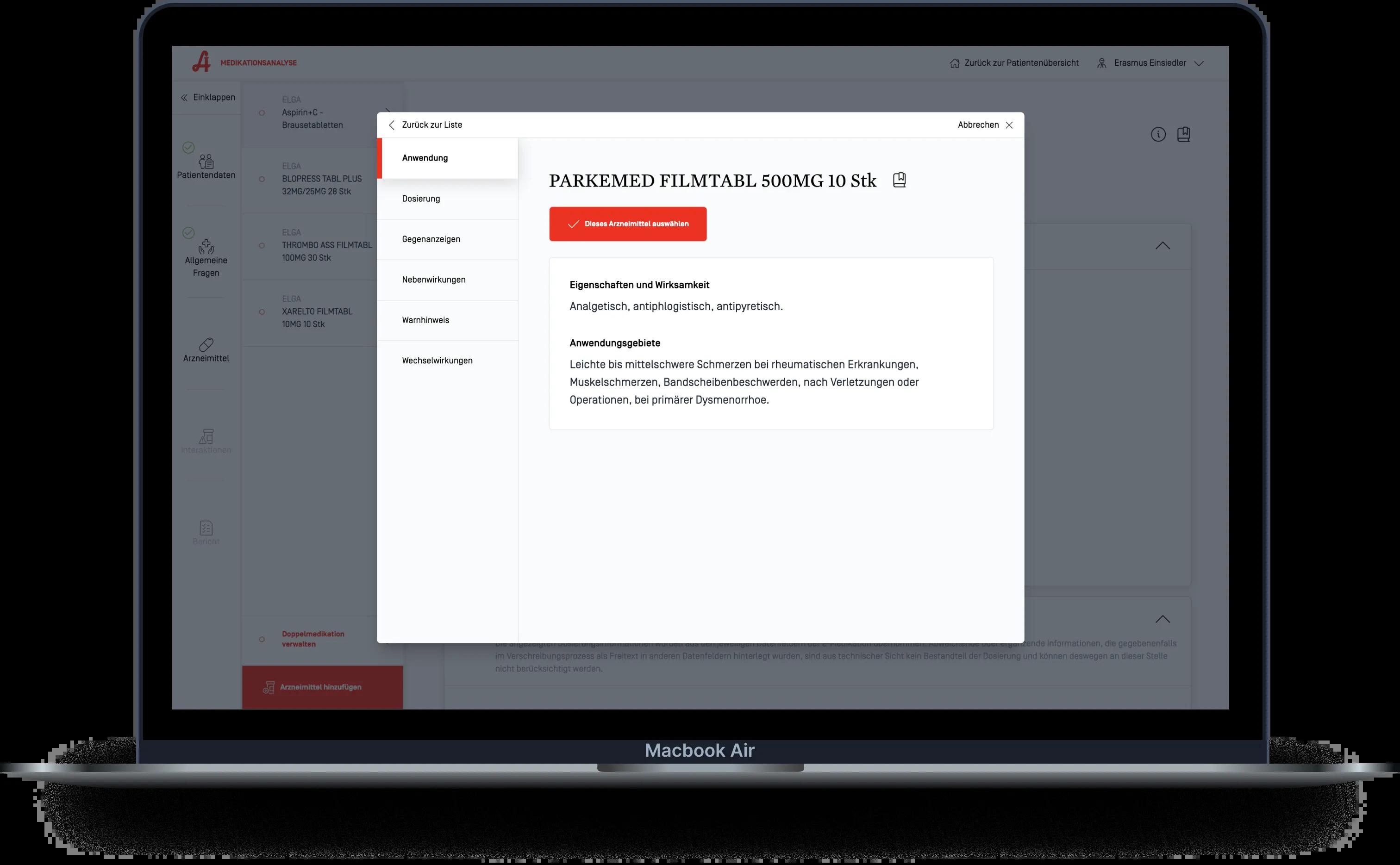 Detailansicht Medikament am Beispiel von Parkemed