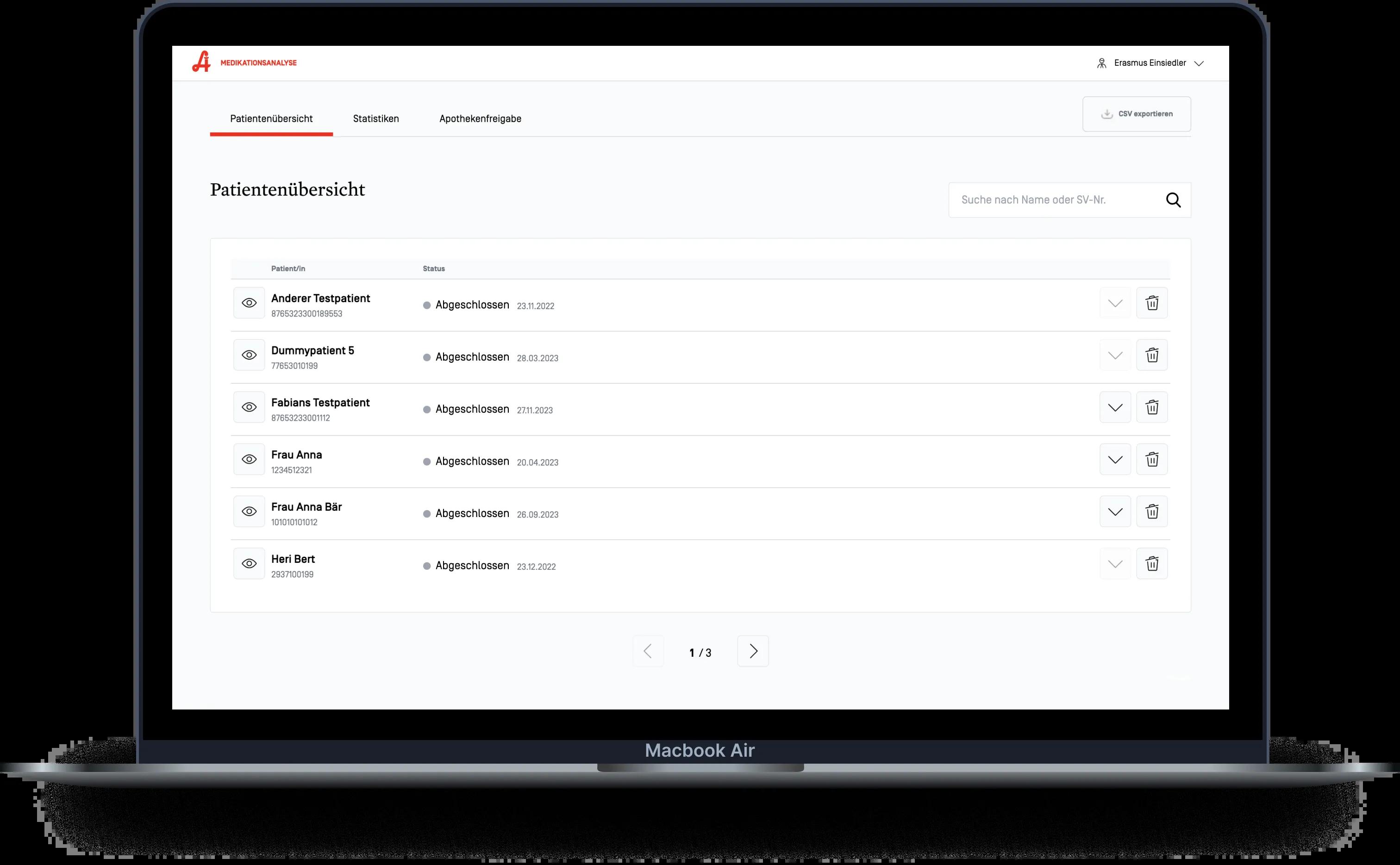 Screendesign Ansicht: Patientenübersicht (Liste der Patrienten mit Status daneben)