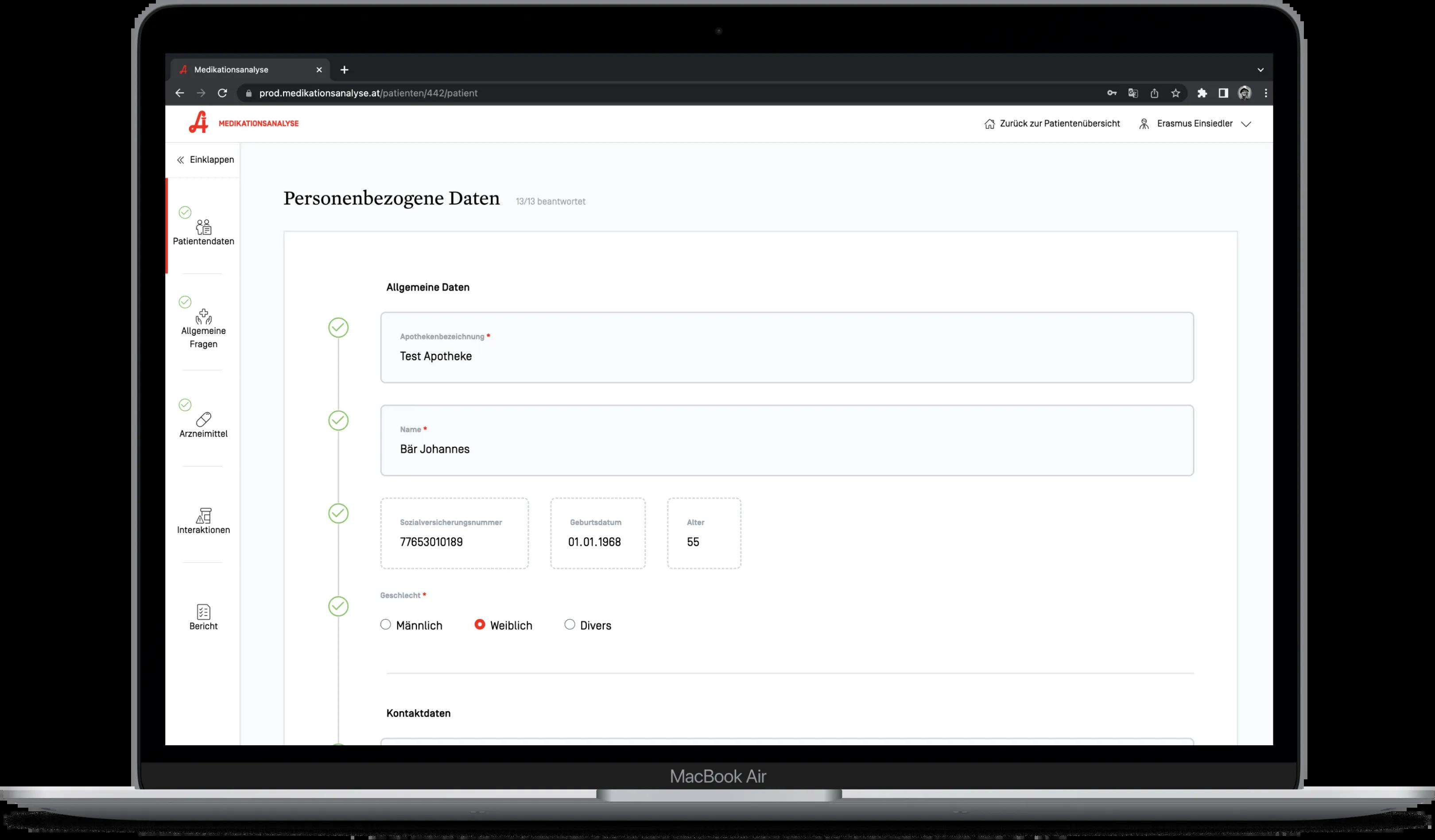 Screenansicht Interface zu personenbezogenen Daten
