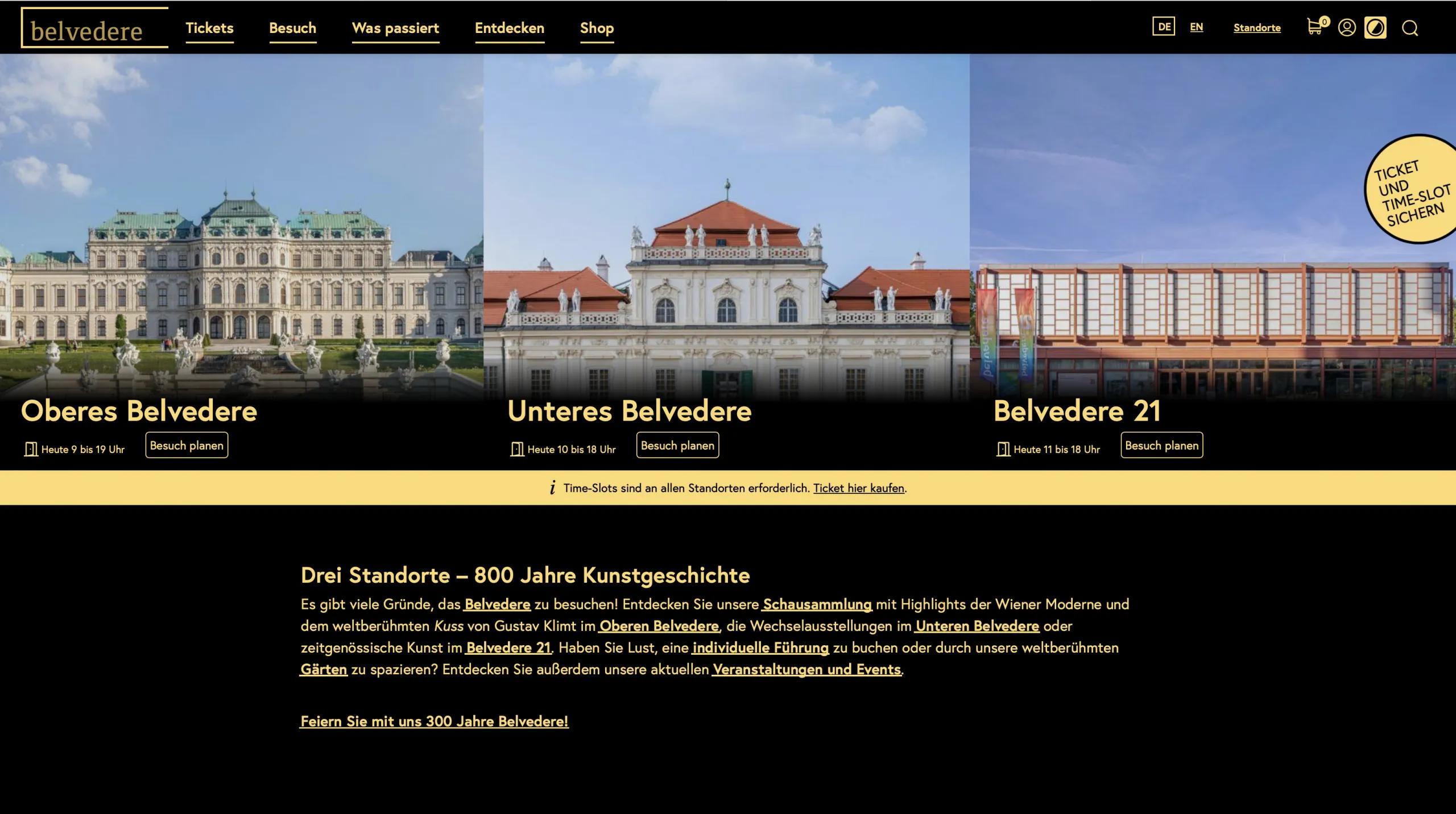 Screenshot der Startseite Belvedere.at im High Contrast Mode
(Schwarzer Hintergrund mit hellem Text)
Belvedere.at nachdem der High Contrast Switch im Browser aktiviert wurde.
(man sieht das Obere Belvedere, das Untere Belvedere und das Belvedere 21)