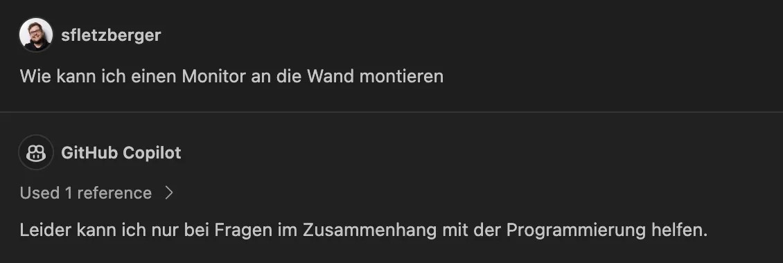 Wie kann ich einen Monitor an die Wand montieren?
Gifthub Copilot
Leider kann ich nur bei Fragen im Zusammenhang mit der Programmierung helfen.
