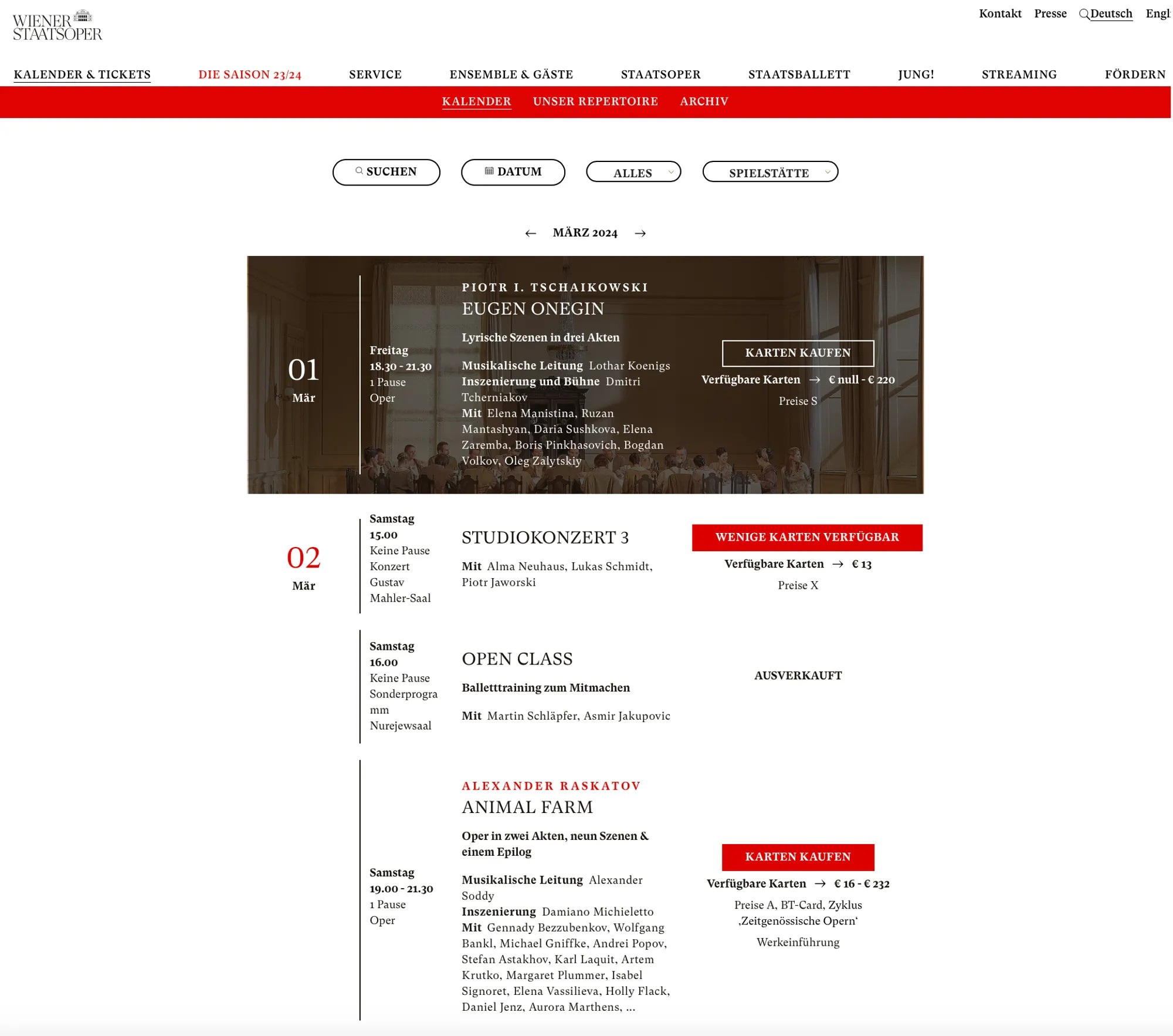 Screenshot des alten Spielplanes (2.März Studiokonzert, Open Class, Animal Farm)
