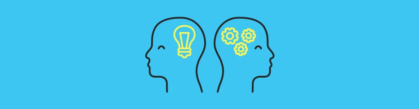 Blog image showing two heads, one thinking about innovation and one working effective